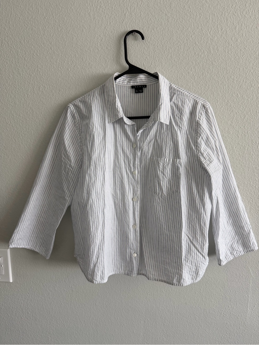 Theory Striped Linen Button Down 3/4 Sleeve Cropped Size L 80% cotton 20% linen